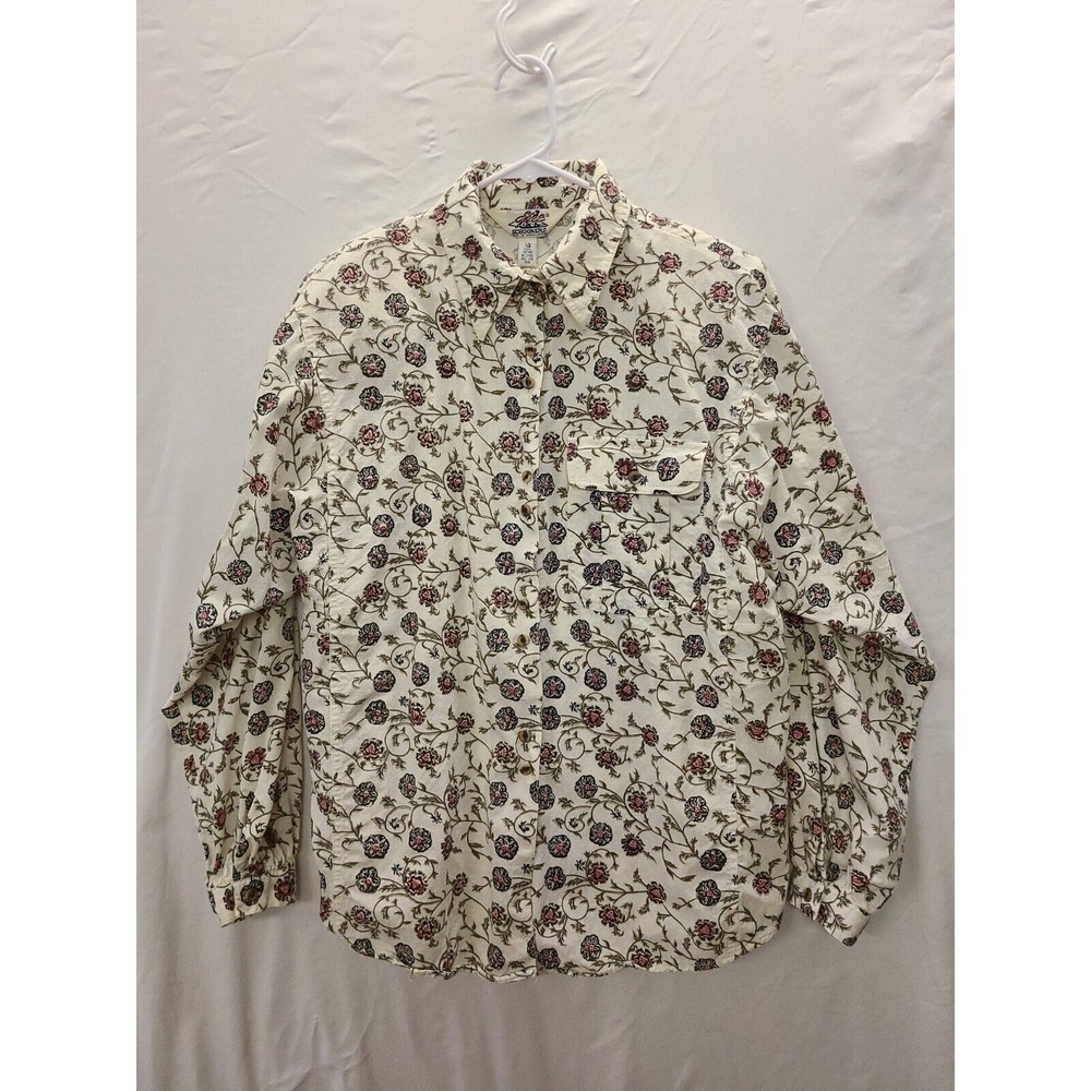 Vtg 80s 100% Cotton Linen feel Size 14 Blouse button Shirt floral long sleeve